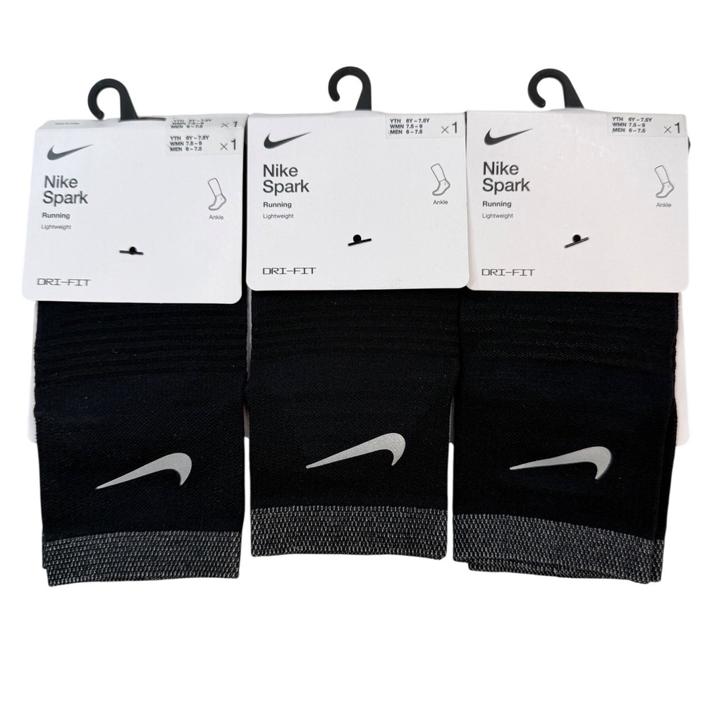 3 pair Nike Spark Lightweight Ankle Socks Black Women 7.5-9 Men 6-7.5 NWT
